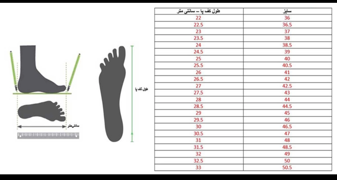 جدول سایز بندی دمپایی و کفش اروپایی